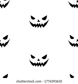 Seamless pattern of smiling faces ghosts in doodle style. Vector Halloween's texture or background for party, poster, invitation, any design. Danger animal. Black and white, isolated