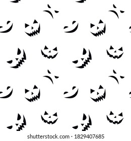 Seamless pattern of smiling faces ghosts in flat style. Vector Halloween's texture or background for party, poster, invitation, any design. Danger animal. Black and white, isolated