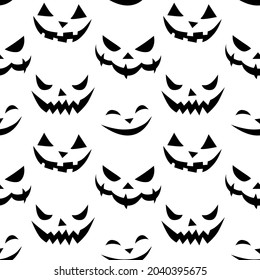 Seamless pattern of smiling faces ghosts in flat style. Vector Halloween's texture or background for party, poster, invitation, any design. Danger animal. Black and white, isolated