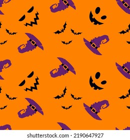 Seamless pattern with smiling faces of ghosts or Halloween pumpkins and witch hats on an orange background. Vector illustration