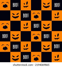 Seamless pattern with smiling faces of ghosts or Halloween pumpkins and text Boo! on an orange and black background. Vector illustration