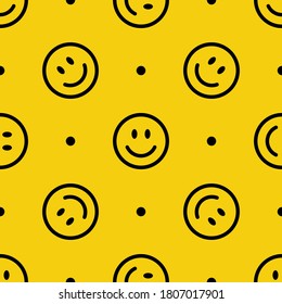 Patrón sin foco con caras sonrientes sobre fondo amarillo. Smile line icon texture. Ilustración del vector