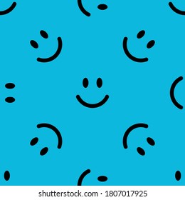 Seamless pattern with smiling faces on blue background. Smile line icon texture. Vector illustration