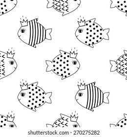 Seamless pattern with smiling fish for kids holidays. Cute baby shower vector background. Black and white child drawing style.