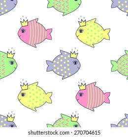 Seamless pattern with smiling fish for kids holidays. Cute baby shower vector background. Child drawing style.