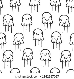 Seamless pattern of smiling floating jellyfish drawn by hand on white background. Figure for textiles. Repeating texture.
