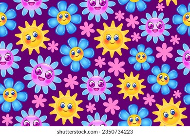 Seamless pattern with smiling flowers. Colorful floral pattern with cute smiling flowers.