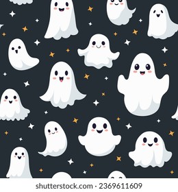 Seamless pattern with smiling ghosts for Halloween. Vector flat style illustration for design textile, wrapping, fabric, paper, print.