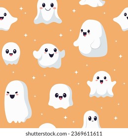 Seamless pattern with smiling ghosts for Halloween. Vector flat style illustration for design textile, wrapping, fabric, paper, print.