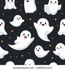 Seamless pattern with smiling ghosts for Halloween. Vector flat style illustration for design textile, wrapping, fabric, paper, print.