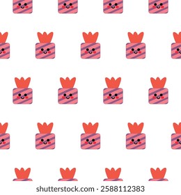 Seamless Pattern of Smiling Gift Icons. A seamless pattern featuring cute, smiling gift illustrations with red and pink designs, symbolizing joy and celebration. Perfect for festive or decorative 