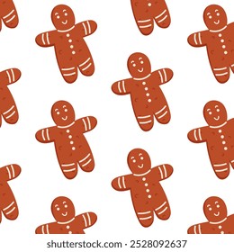 Seamless pattern with smiling gingerbread man in flat style. Perfect for Christmas, holiday decor and festive wrapping paper. Cute and playful design for seasonal project and food related item.