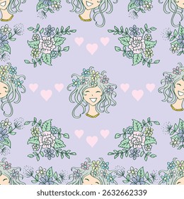 Seamless pattern with smiling girl with floral crown and hearts