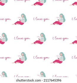 Seamless pattern with a smiling girl on the phone and valentines. Vector illustration.
