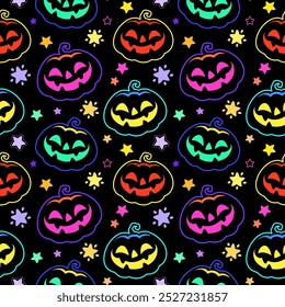 Seamless pattern of smiling halloween pumpkins and stars
