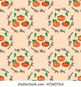 Seamless pattern with smiling Happy Halloween pumpkins