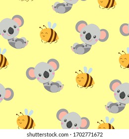 Seamless pattern with smiling koala baby and yellow bees. Yellow background. Flat cartoon style. Cute and funny. For kids postcards, textile, wallpaper and wrapping paper. Summer and spring ornament