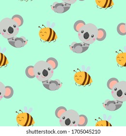 Patrón impecable con un bebé koala sonriente y abejas amarillas. Fondo verde. Estilo de caricatura plano. Cítrico y divertido. Para los niños postales, textil, papel pintado y papel de envoltura. Ornamento veraniego y primaveral