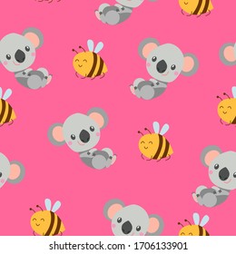Patrón impecable con un bebé koala sonriente y abejas amarillas. Fondo rosa. Estilo de caricatura plano. Cítrico y divertido. Para los niños postales, textil, papel pintado y papel de envoltura. Ornamento veraniego y primaveral
