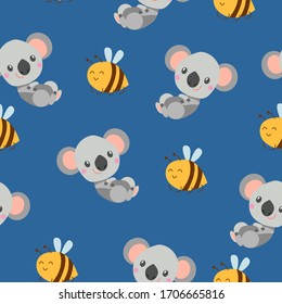 Seamless pattern with smiling koala baby and yellow bees. Classic blue backdrop. Flat cartoon style. Cute and funny. For postcards, textile, wallpaper and wrapping paper. Summer and spring ornament