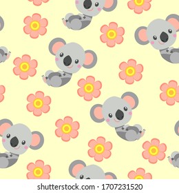 Seamless pattern with smiling koala baby and pink flower. Yellow background. Flat cartoon style. Cute and funny. For kids postcards, textile, wallpaper and wrapping paper. Summer and spring ornament