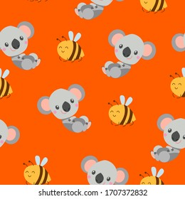 Seamless pattern with smiling koala baby and yellow bees. Orange background. Flat cartoon style. Cute and funny. For kids postcards, textile, wallpaper and wrapping paper. Summer and spring ornament