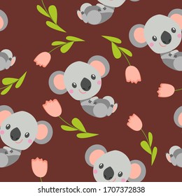 Seamless pattern with smiling koala baby and pink tulips. Brown background. Flat cartoon style. Cute and funny. For kids postcards, textile, wallpaper and wrapping paper. Summer and spring ornament