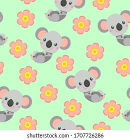 Seamless pattern with smiling koala baby and pink flower. Green background. Flat cartoon style. Cute and funny. For kids postcards, textile, wallpaper and wrapping paper. Summer and spring ornament
