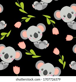 Nahtloses Muster mit lächelndem Koala Baby und rosafarbenen Tulpen.Schwarzer Hintergrund. Flacher Cartoon-Stil. Frisch und lustig. Für Kinder Postkarten, Textilien, Tapeten und Verpackungspapier. Sommer- und Frühlingsschmuck