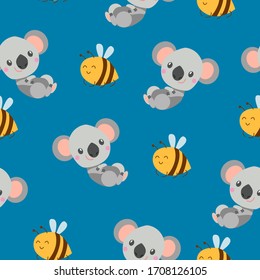 Seamless pattern with smiling koala baby and yellow bees. Classic blue backdrop. Flat cartoon style. Cute and funny. For postcards, textile, wallpaper and wrapping paper. Summer and spring ornament