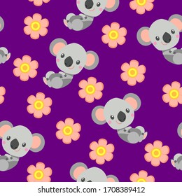 Seamless pattern with smiling koala baby and pink flower. Violet background. Flat cartoon style. Cute and funny. For kids postcards, textile, wallpaper and wrapping paper. Summer and spring ornament