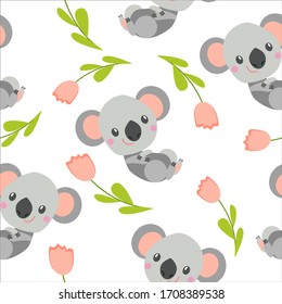 Seamless pattern with smiling koala baby and pink tulips. White background. Flat cartoon style. Cute and funny. For kids postcards, textile, wallpaper and wrapping paper. Summer and spring ornament