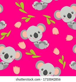 Nahtloses Muster mit lächelndem Koala Baby und rosafarbenen Tulpen. 
