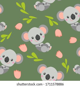 Nahtloses Muster mit lächelndem Koala Baby und rosafarbenen Tulpen. Grüner Hintergrund. Flacher Cartoon-Stil. Frisch und lustig. Für Kinder Postkarten, Textilien, Tapeten und Verpackungspapier. Sommer- und Frühlingsschmuck