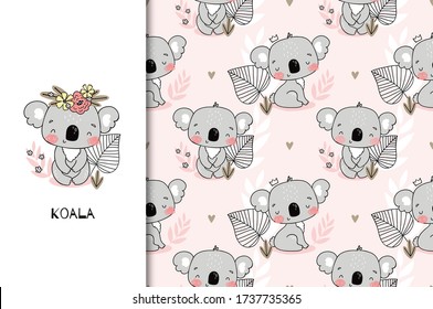 Seamless pattern with smiling koala baby. Jungle animal. White background. Flat cartoon style. Cute and funny. For kids postcards, textile, wallpaper and wrapping paper. Summer and spring ornament.