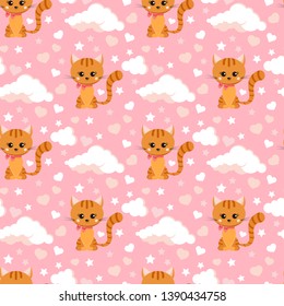 Seamless pattern with smiling little ginger striped cat with pink bow on its neck, hearts, clouds, stars on pink sky background. Vector endless texture. Sample background for web, covers, banners.
