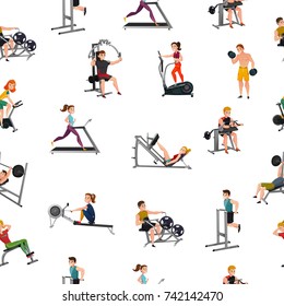 Seamless pattern with smiling men and women at exercise equipment on white background vector illustration