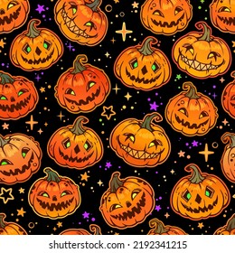 seamless pattern with smiling orange halloween pumpkins and stars