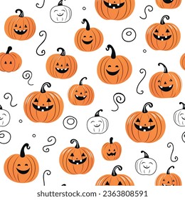 Seamless pattern of smiling orange and white pumpkins on white background