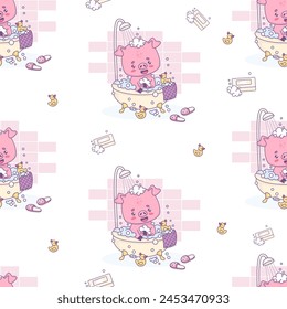 Seamless pattern with smiling pig takes bath with foam and rubber duck on white background. Cute funny kawaii animal character. Vector illustration. Kids collection