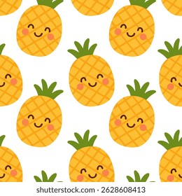 Padrão perfeito com ananases sorridentes. Caractere bonito de abacaxi sobre fundo branco. Design alegre de verão, ideal para impressões de crianças, papel de embrulho, tecido ou temática tropical