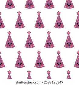 Seamless Pattern of Smiling Purple Party Hats With Star Decorations. An adorable seamless pattern of purple party hats decorated with smiling faces and stars, creating a cheerful and playful design 