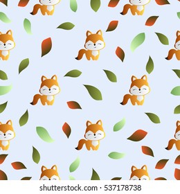 seamless pattern with smiling red fox and green leaves on a light blue background 