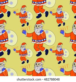 seamless pattern smiling Santa Claus with sack of presents on gold vector illustration