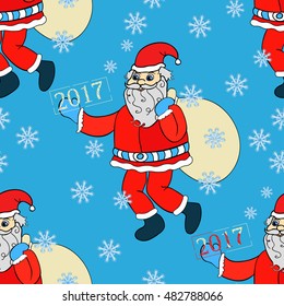 seamless pattern smiling Santa Claus with a bag of gifts on a blue vector illustration