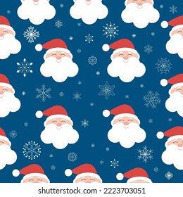 Seamless pattern with smiling Santa on dark blue background with snowflakes. 