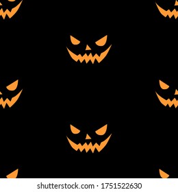 Seamless pattern of smiling scary faces in flat style. Halloween's vector background and texture for party, poster, invitation, any design. Isolated on black. Jack Lantern