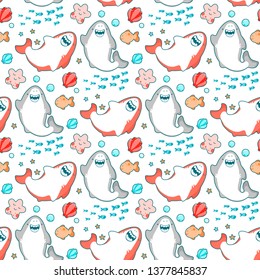 Seamless pattern smiling sharks greet, Kawai Emoji, cute illustration in Japanese style