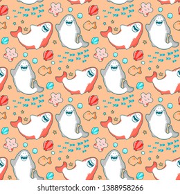 Seamless pattern smiling sharks greet, Kawai Emoji, cute illustration in Japanese style