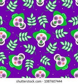 Seamless pattern with smiling skulls and branches on purple background. For cloth, postcards, wrapping paper for holiday day of the Dead, Halloween in Mexico, Nicaragua and other countries.